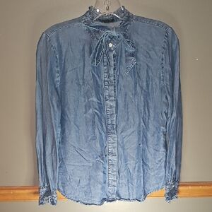 Ann Taylor Indigo Denim Blouse with Bow Tie